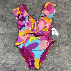 New Trina Turk One-Piece Swimsuit Women's 6 Pink Floral V-Neck Ruffle Plunge Tie